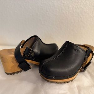 UGG Black Leather Mules with Wooden Heel